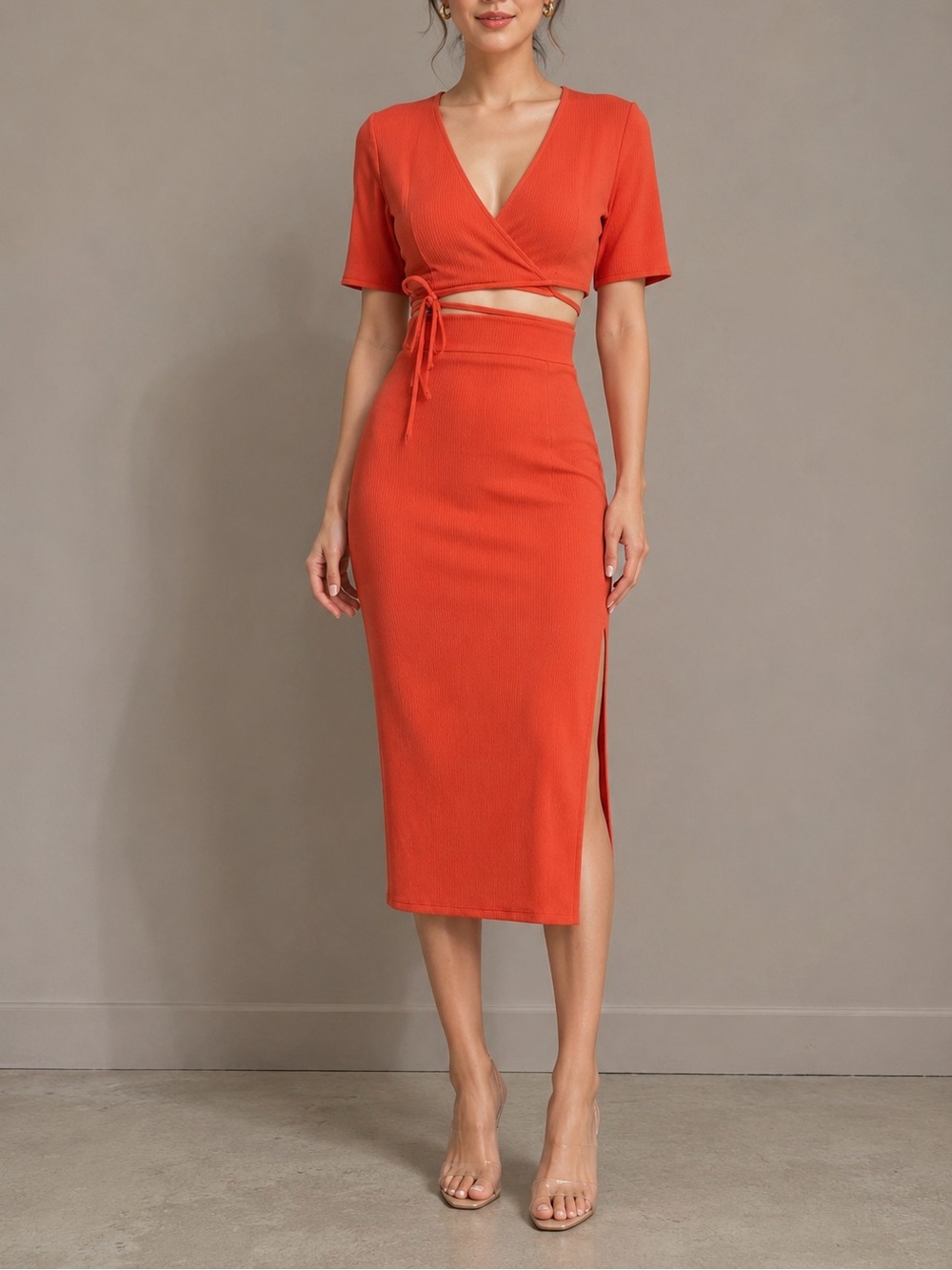 HANDMADE TIFFANYSLABEL ORANGE RIBBED WRAP TOP & MIDI SKIRT SET | SLIT | SMALL(4)